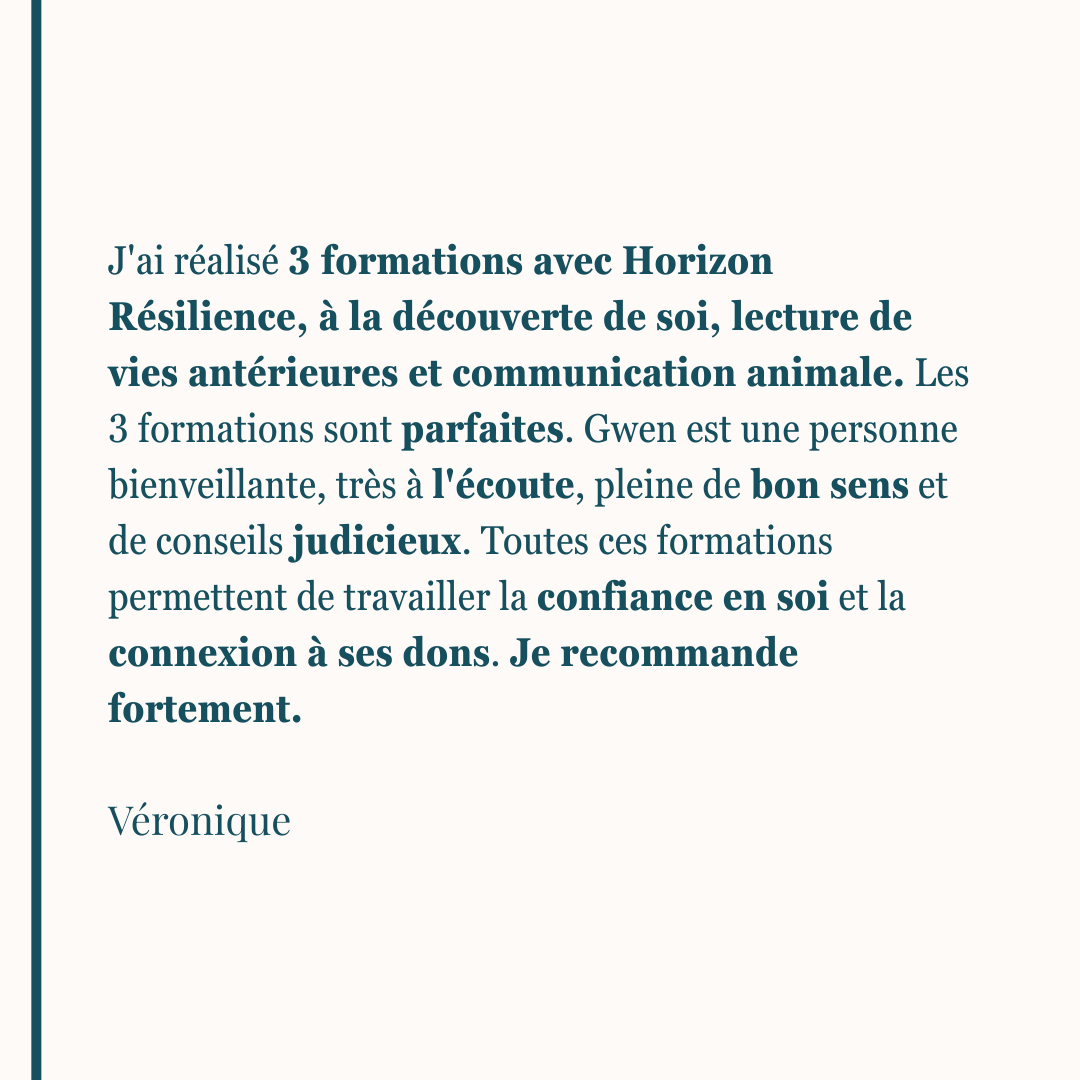 J'ai réalisé 3 formations avec Horizon Résilience, à la découverte de soi, lecture de vies antérieures et communication animale. Les 3 formations sont parfaites. Gwen est une personne bienveillante, très à l'écoute, pleine de bon sens et de conseils judicieux. Toutes ces formations permettent de travailler la confiance en soi et la connexion à ses dons. Je recommande fortement. Véronique